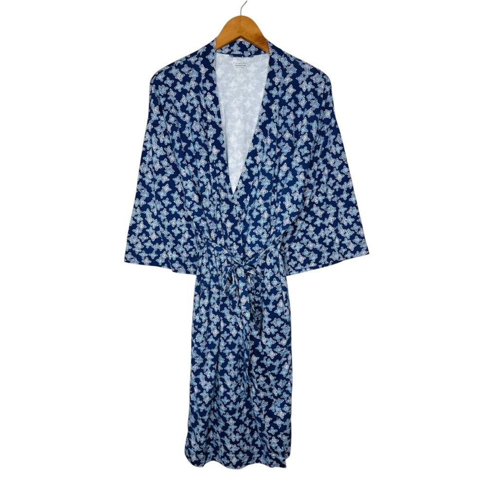 Garnet Hill Organic Cotton Kimono Robe Size Small Navy and White Print Short